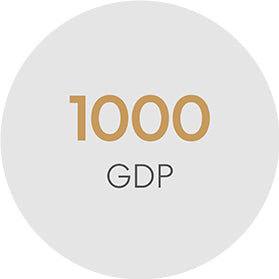 A gray circle with the number 1000 in large gold font above the word GDP in smaller black font, centered inside the circle.